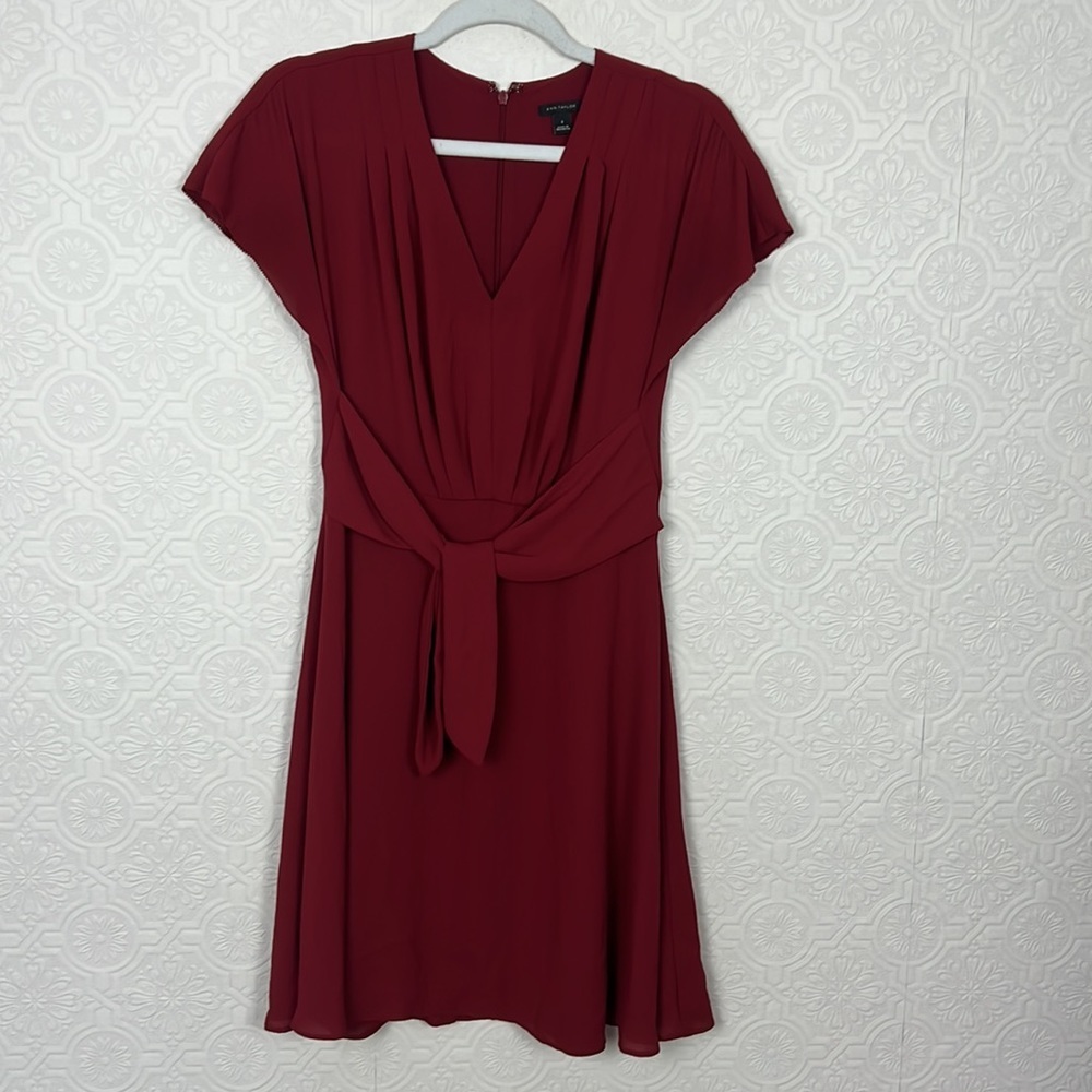 Ann Taylor Dress Pleated Vneck Toe Waist Wrap Short Sleeve Red Burgundy Cocktail